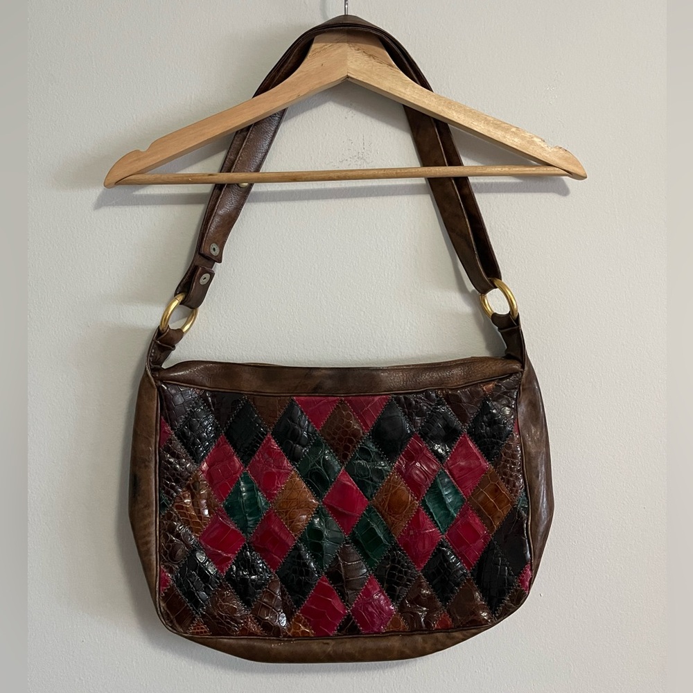 Leather Vintage Crocodile patchwork bag branded Corrente with suede interior - Picture 4 of 10